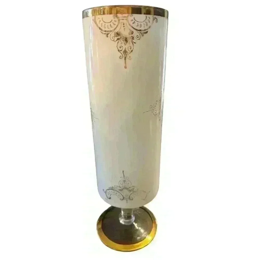 Vintage Painted milk glass Vase with Gold Trim Victorian scene